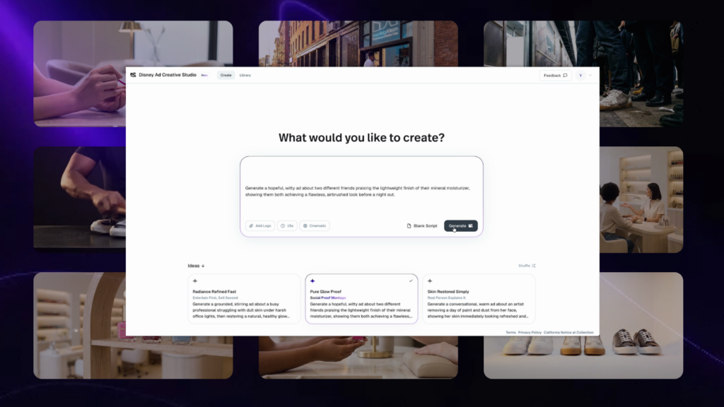 UI mockup showing a central panel with the question 'What would you like to create?', a rounded inner card with a sample prompt, a 'Generate' button, and a row of idea cards, all over a dark, rounded-rectangle gallery background.