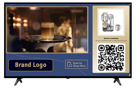 Advertising display with a blurred cafe background, a glass on a tray in the center, a bottom-left 'Brand Logo' badge, and a right-side panel featuring a coffee machine illustration and a QR code.