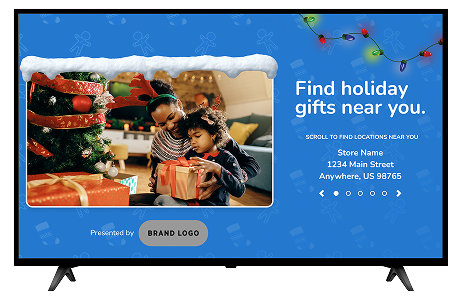 Television ad banner showing two children opening a gift beside a Christmas tree; right panel reads 'Find holiday gifts near you' with store address and branding.