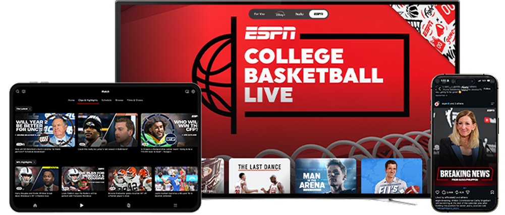 TV screen with ESPN College Basketball Live branding; tablet and phone show sports content across devices for streaming